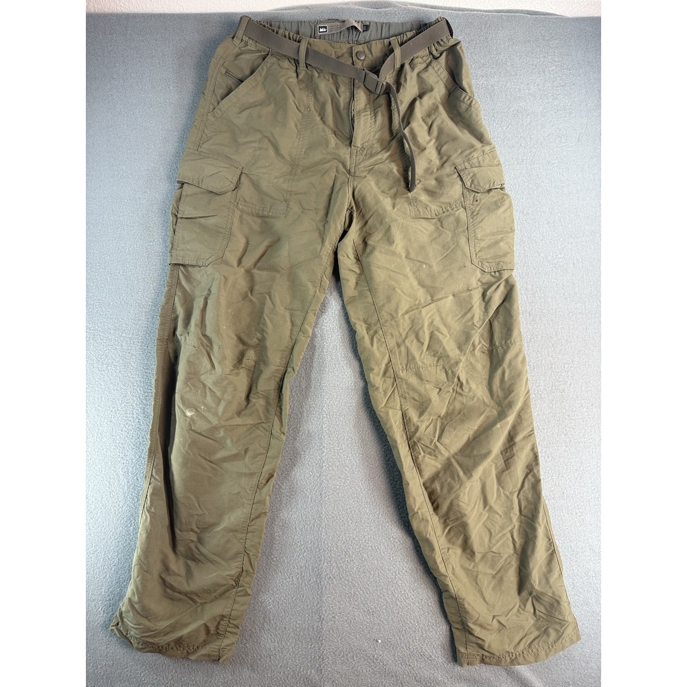 REI Pants Mens 34x32 Green Nylon Elastic Waist Belted Cargo Hiking UPF 50+
